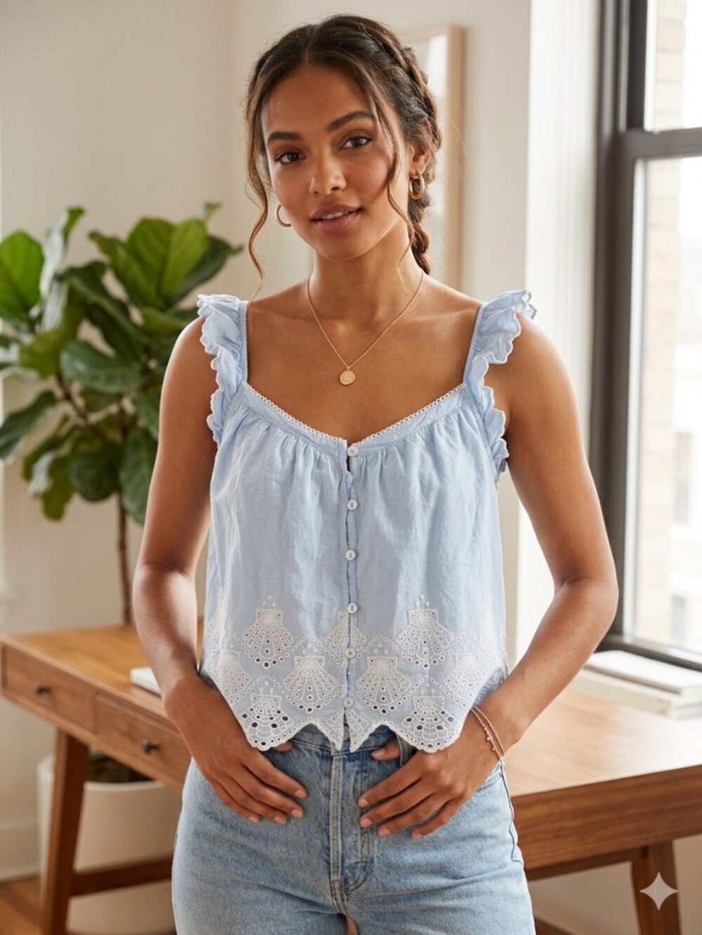 Calypso St. Barth light blue and white seashell eyelet pajama tank top size S